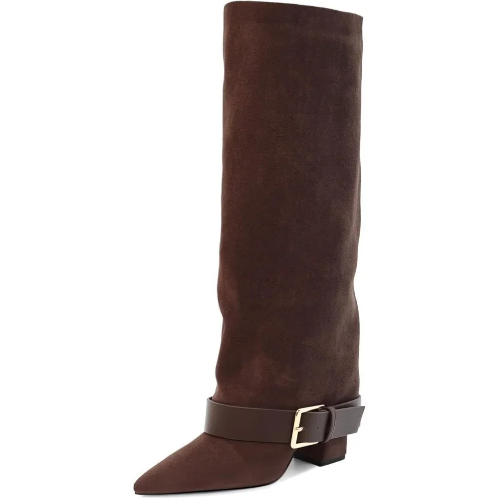 Women's Brown Suede Knee High Boots Fold Over High Heel Belt Buckle Fall Long